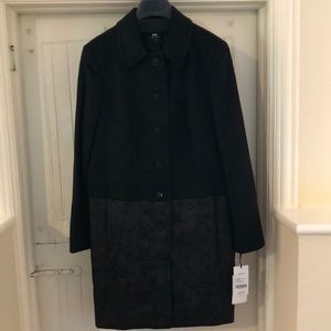 Black wool/poly dress coat with faux leather trim at bottom